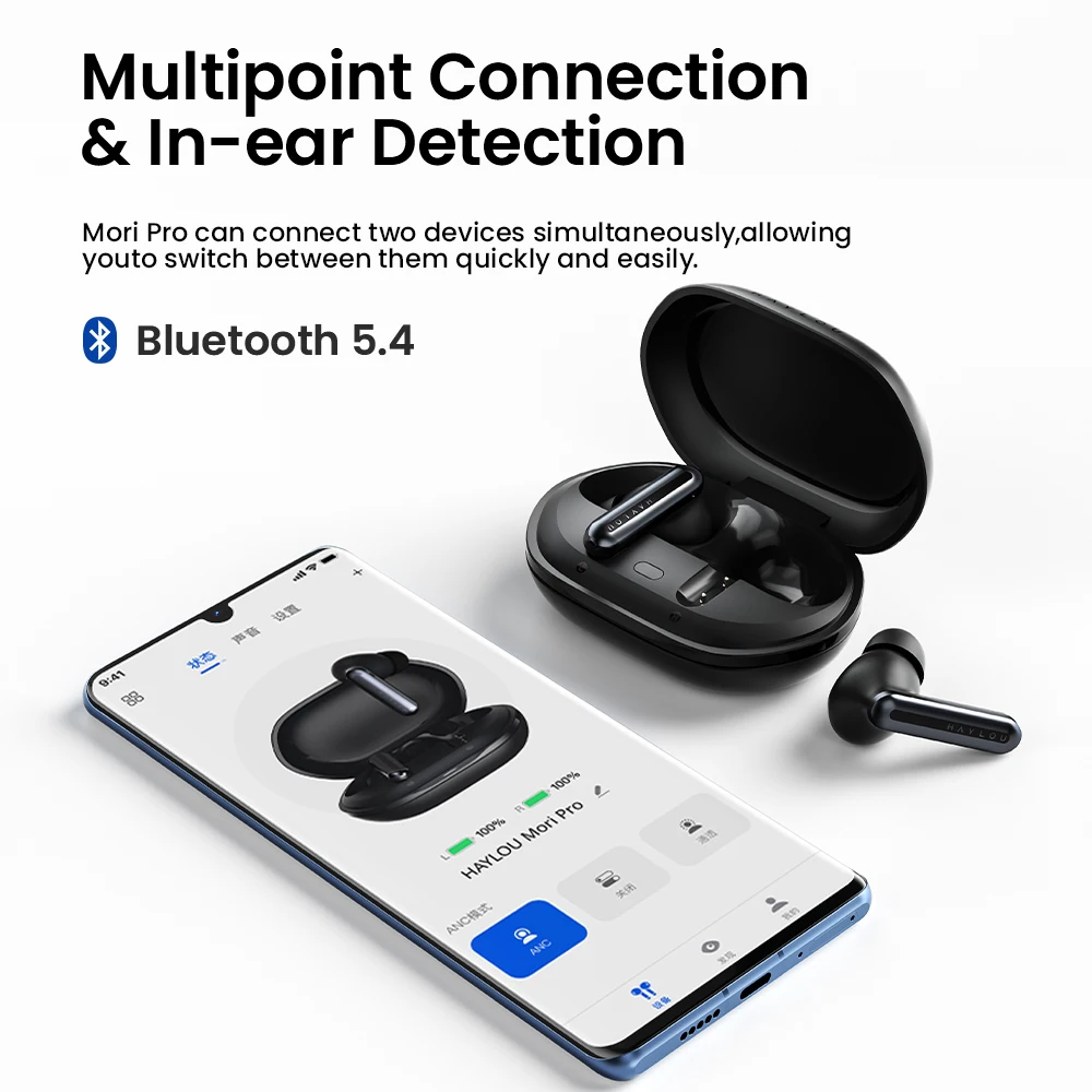 HAYLOU Mori Pro 블루투스 5.4 이어폰, 43dB ANC 액티브 노이즈 캔슬링 이어버드, 6 마이크 무선 헤드폰, 35H 배터리 수명